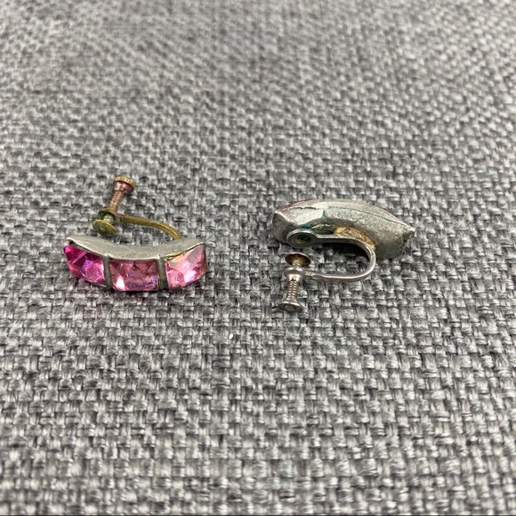 Vintage 3 Pink Crystal Squares Screw Back Earrings - Picture 5 of 6